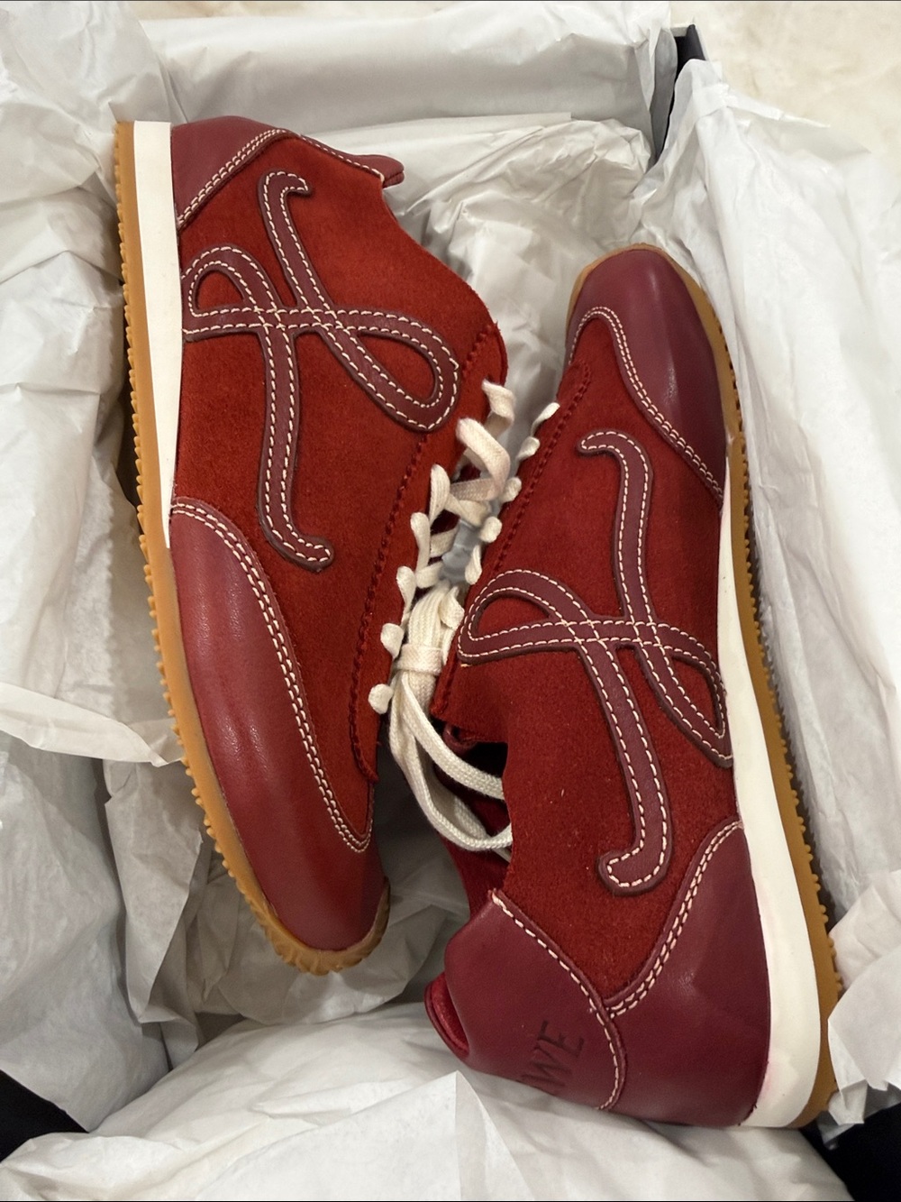 New Loewe Ballet Runner 2.0 Leather Low-Top Sneakers - Burgundy Red and White - Picture 3 of 9